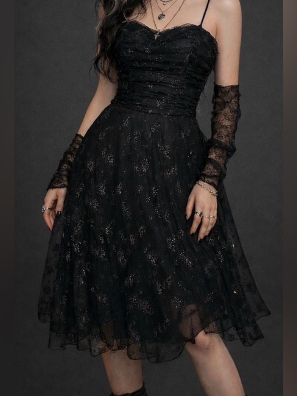 B‎ Darlin Black Mesh Midi Dress 3/4 Ruched Sparkle Fairy Grunge Whimsigoth Party